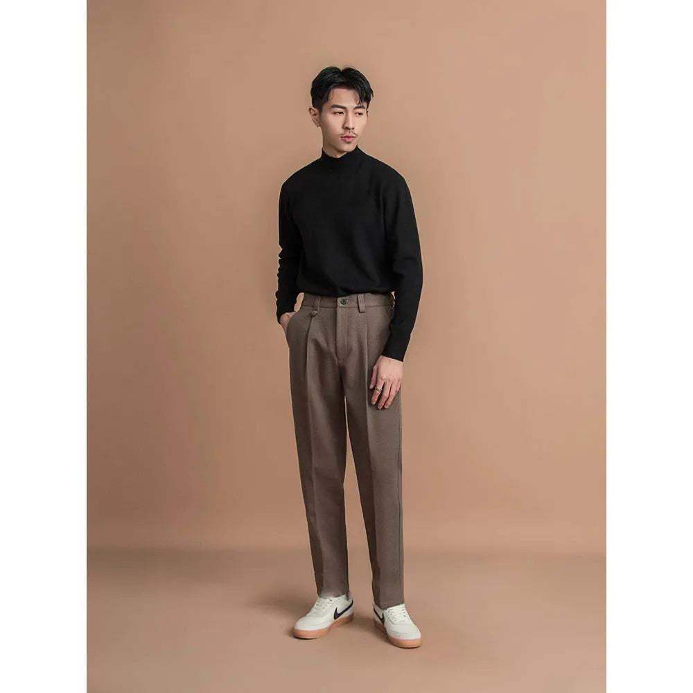 Men's straight-leg trousers in polyester fabric for business casual wear, shown in dark grey colour