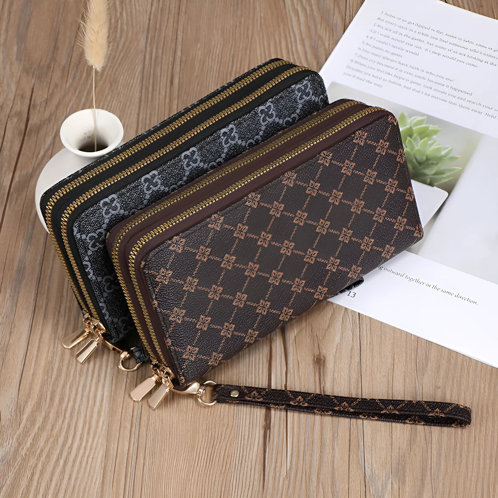 Long PU leather wallet clutch with zip closure and retro print decoration showing internal compartments