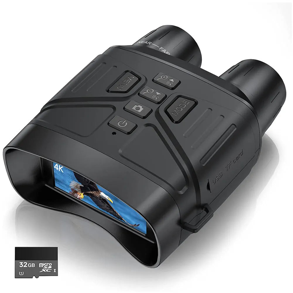 Black handheld night vision monocular with lens and screen, showing camouflage colour option.