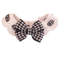 Red and black houndstooth patterned wool knitted pet collar shown in four sizes from 20cm to 35cm.