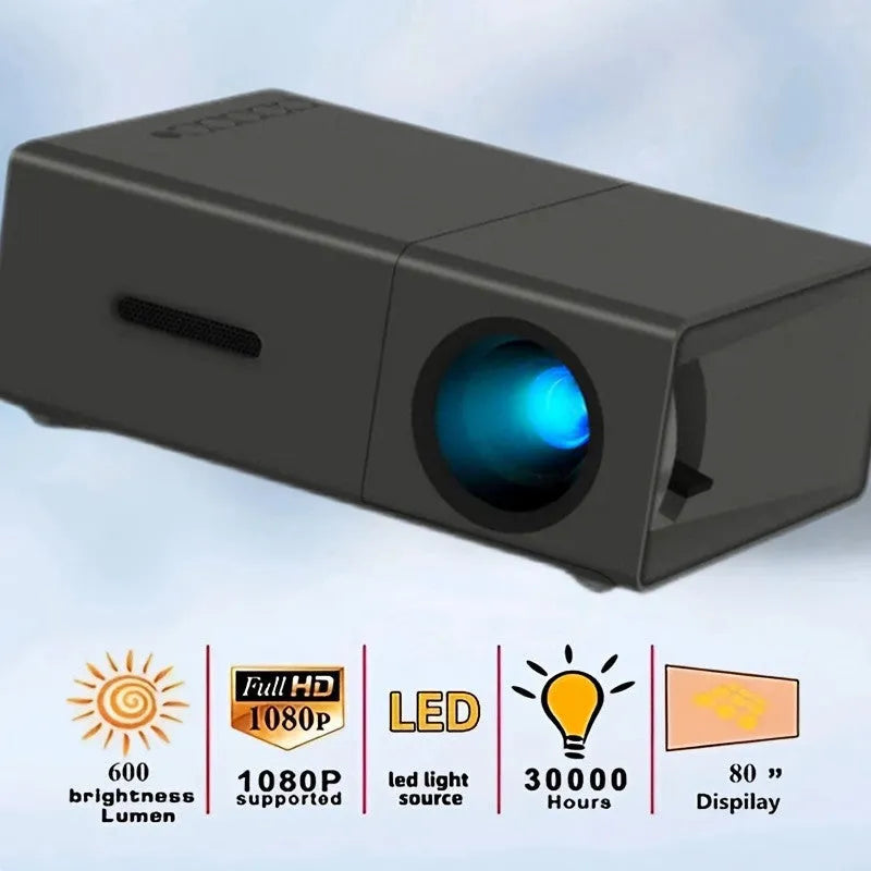 M100 portable mini projector in black or white colour showing remote control and cables