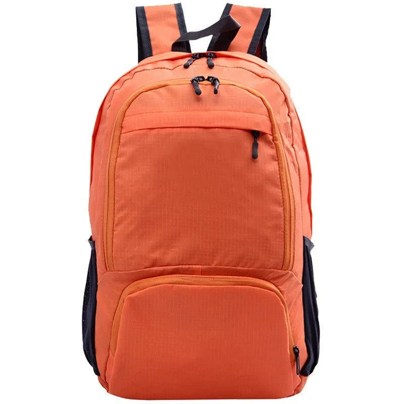 A 26-inch waterproof Oxford cloth backpack in a solid colour, shown folded and unfolded.