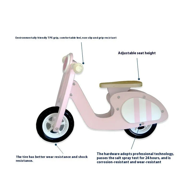 Pink wooden balance scooter for toddlers, 10 inches in size.