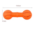 Brown, orange, white, and yellow coloured PVC football dumbbell shaped dog squeaky chew toy.