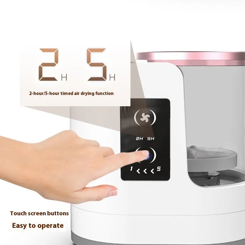 Electric makeup brush cleaner with drying chamber showing brushes inside cleaning device