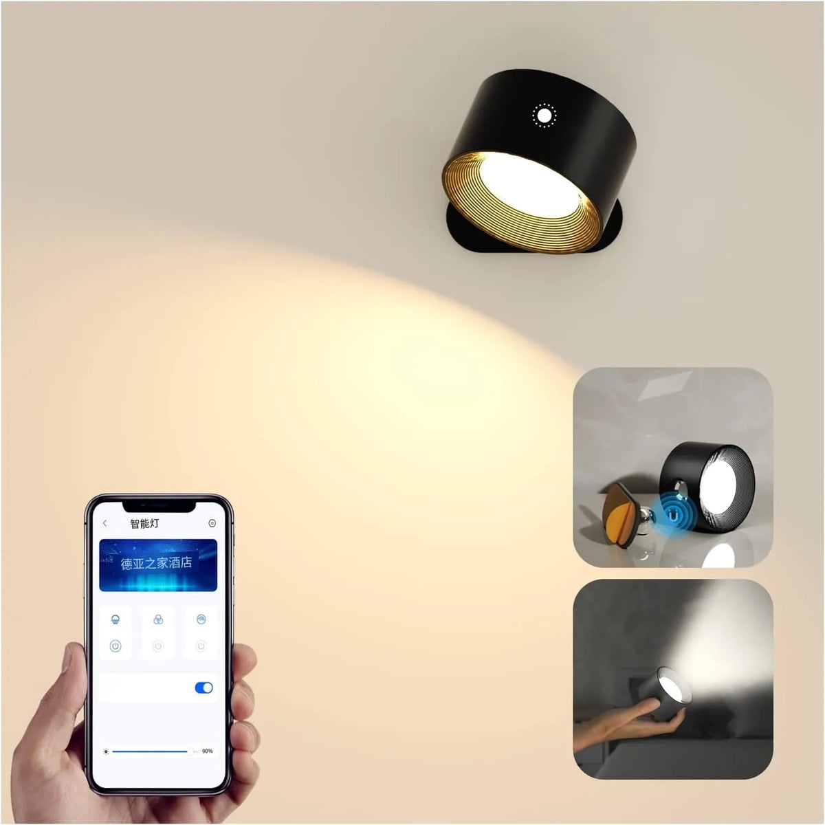 Magnetic LED wall lamp in round or square shape, black or white, 12V touch control with adjustable 3000K-6500K light.