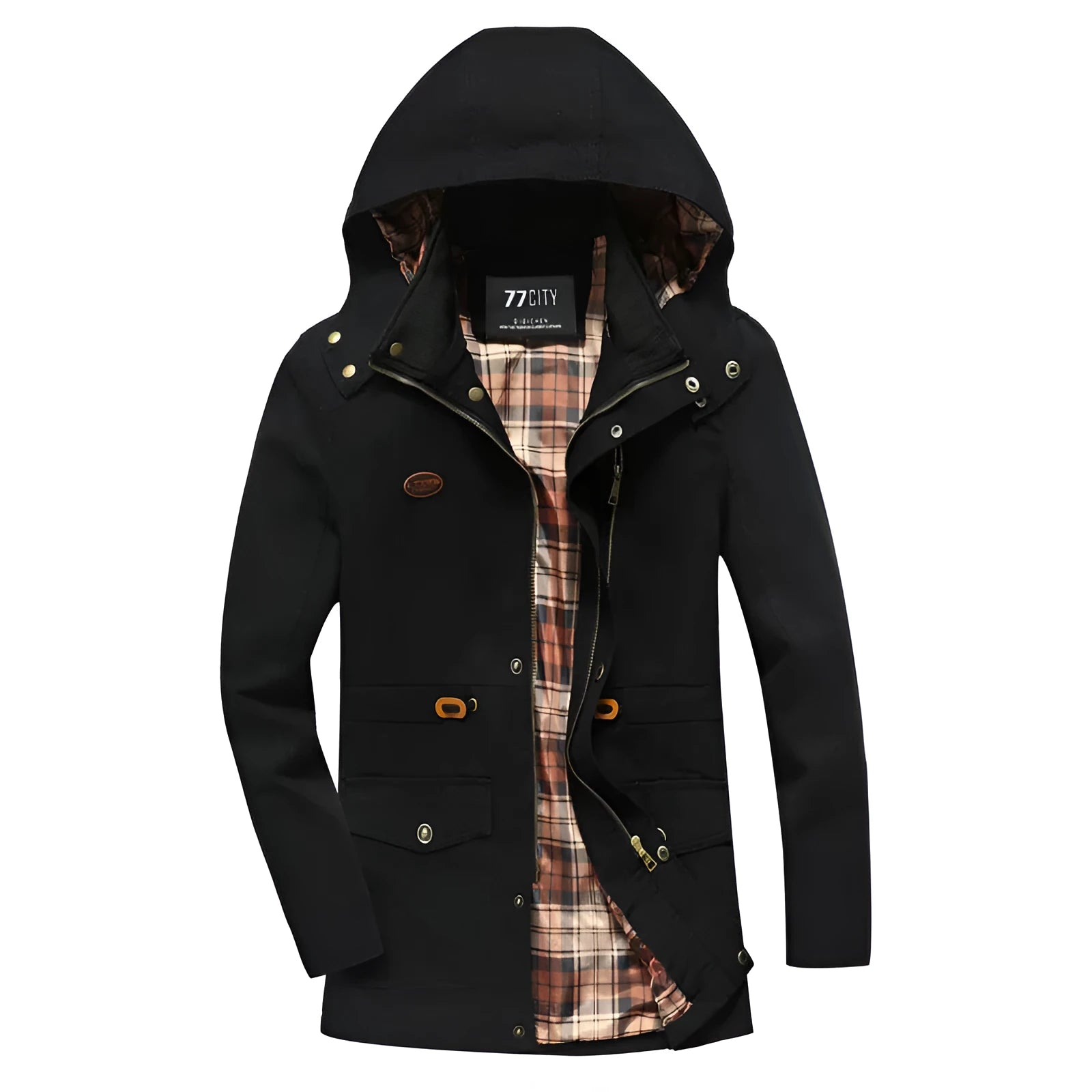 Military style mid length jacket in khaki with cardigan front and polyester fibre fabric