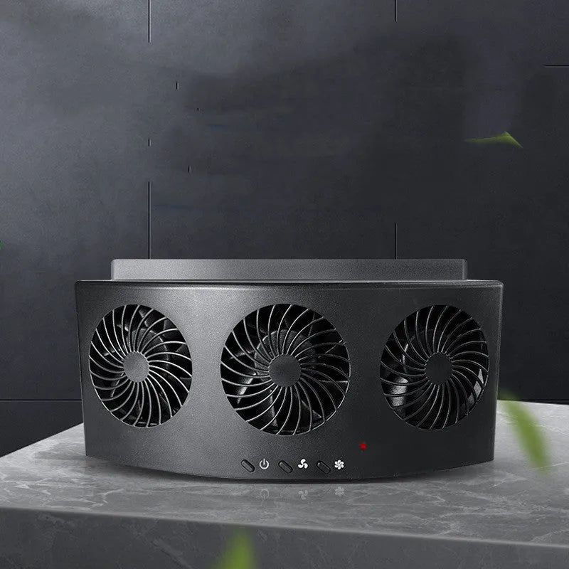 Black and white car ventilation fan unit with USB cable for dashboard exhaust odour removal