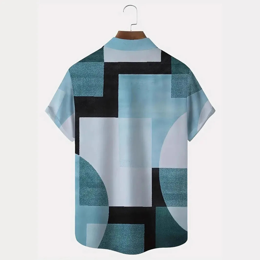 Men's retro geometric pattern cardigan shirt in loose fit with contrasting square design