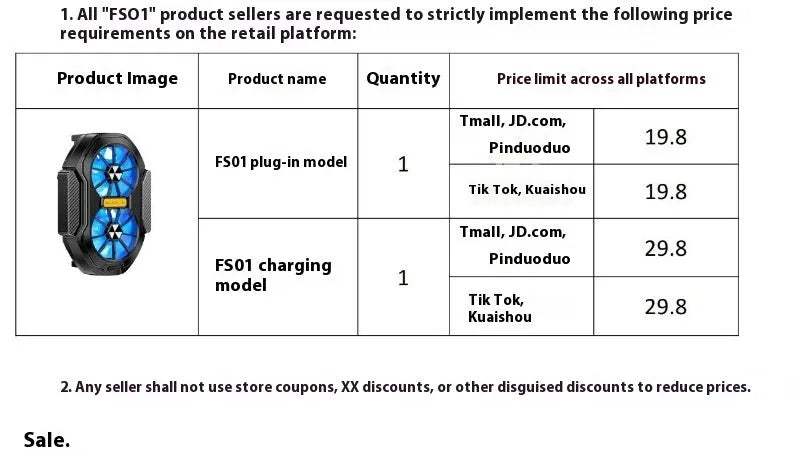 FS01 twin fan phone radiator with ABS body, adjustable 62-92mm clamp and Type-C cable