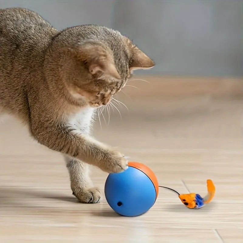 Interactive grey and orange cat toy with plush mouse and ball measuring 8.5 cm