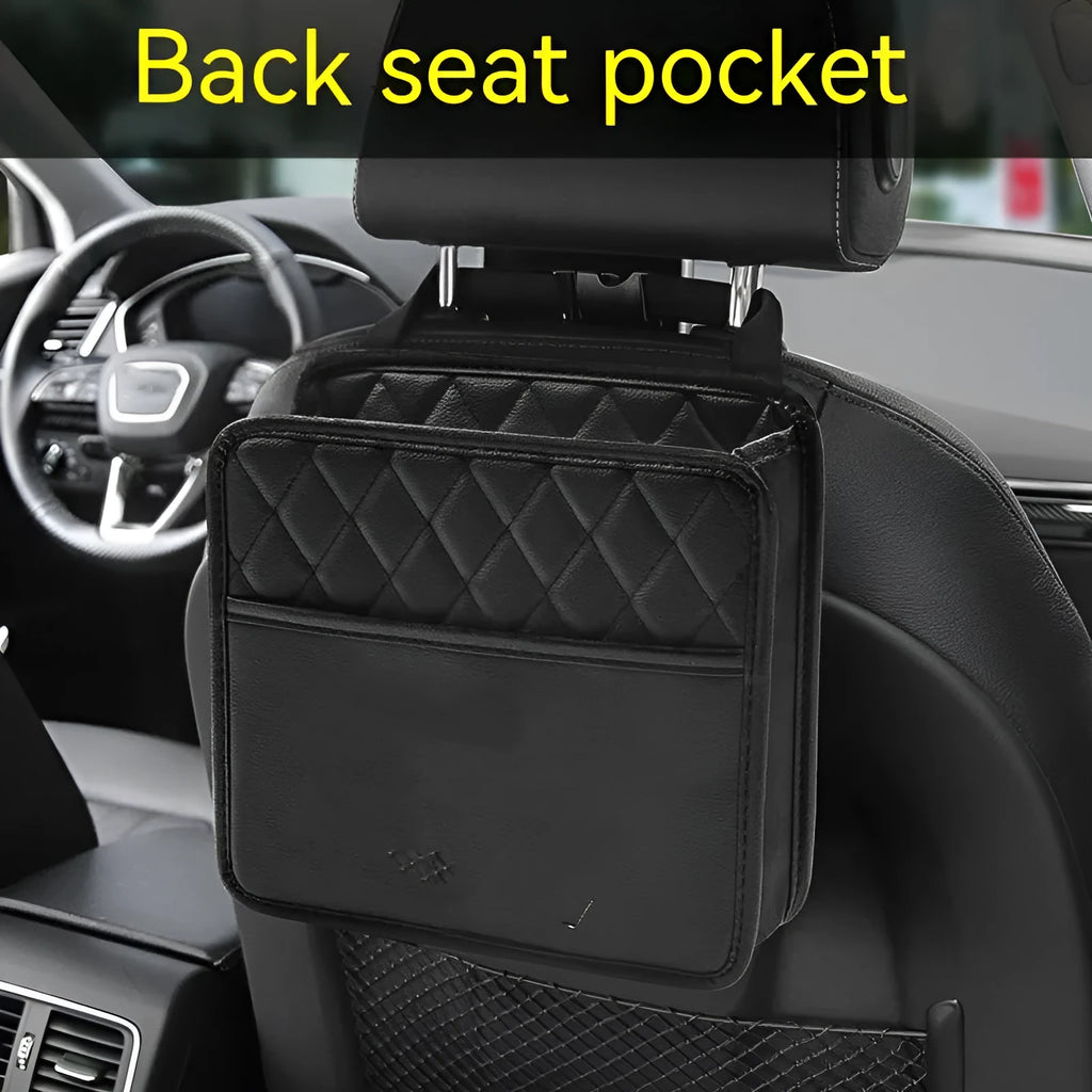 Leather car hanging storage bag and trash can in black, shown in a vehicle interior.