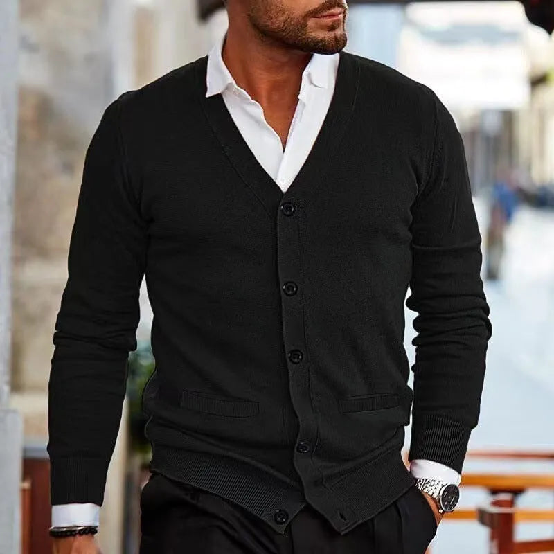 Men's slim fit acrylic cardigan sweater coat in black, shown on a model.