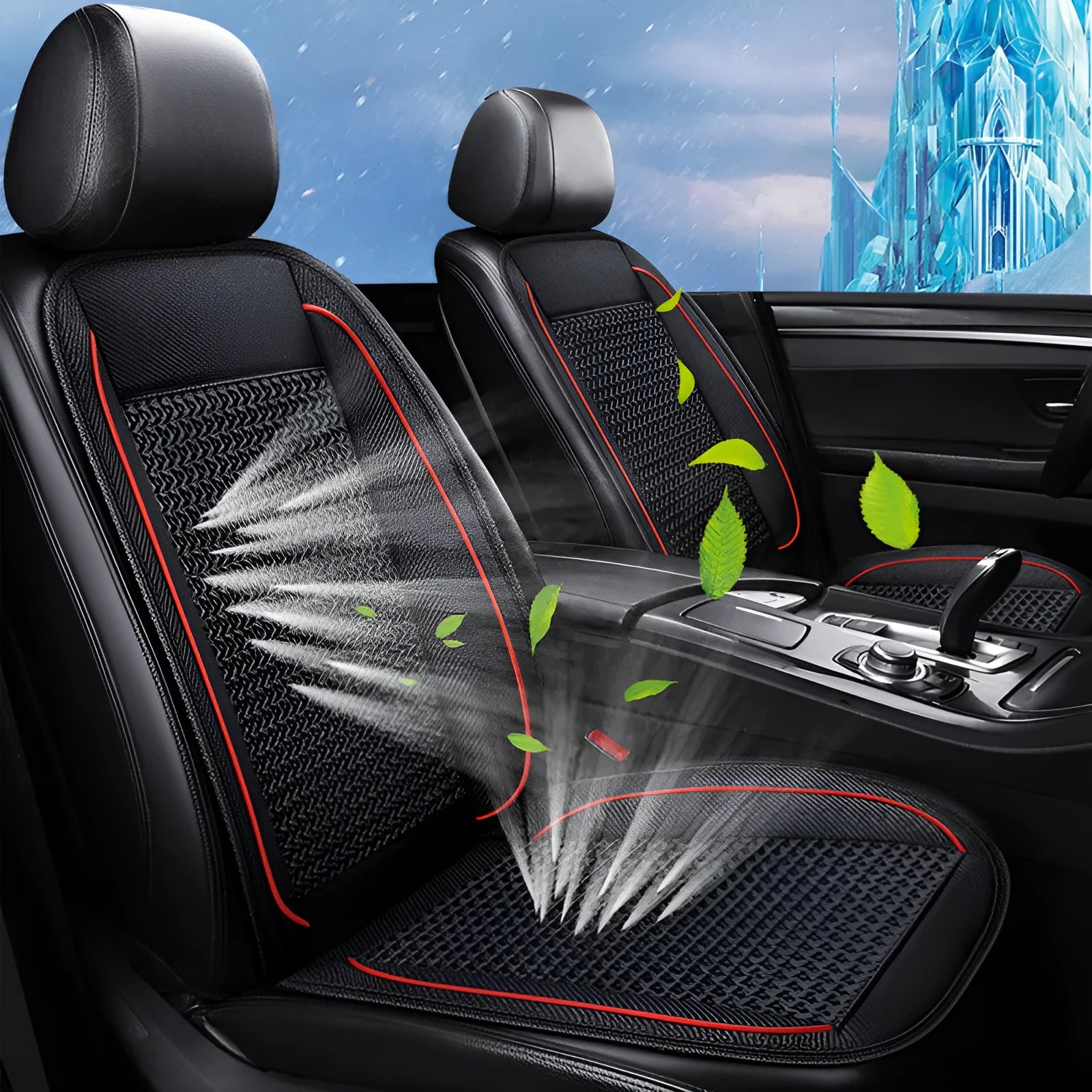 Square black car ventilation seat cushion with massage function showing power connection