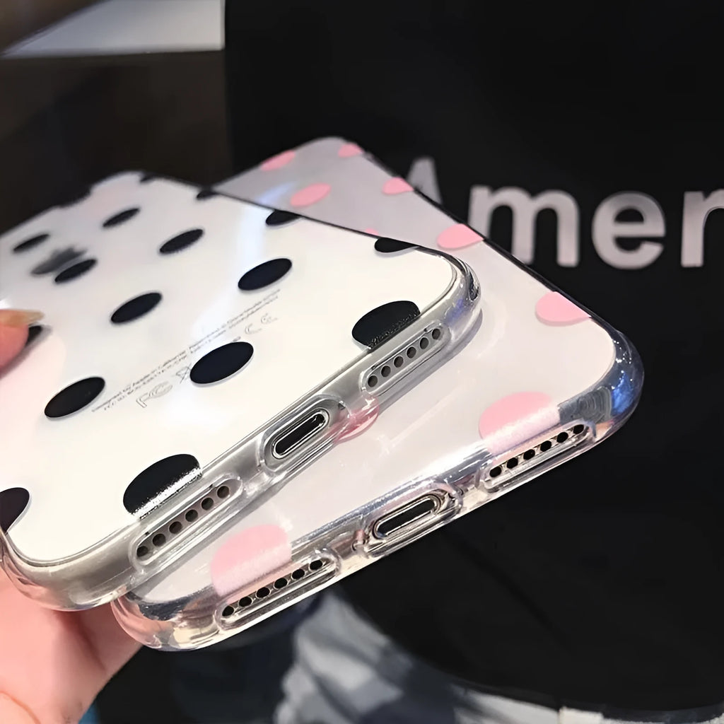 Dot mobile phone case in black or pink with wave point pattern, TPU back cover for iPhone models.