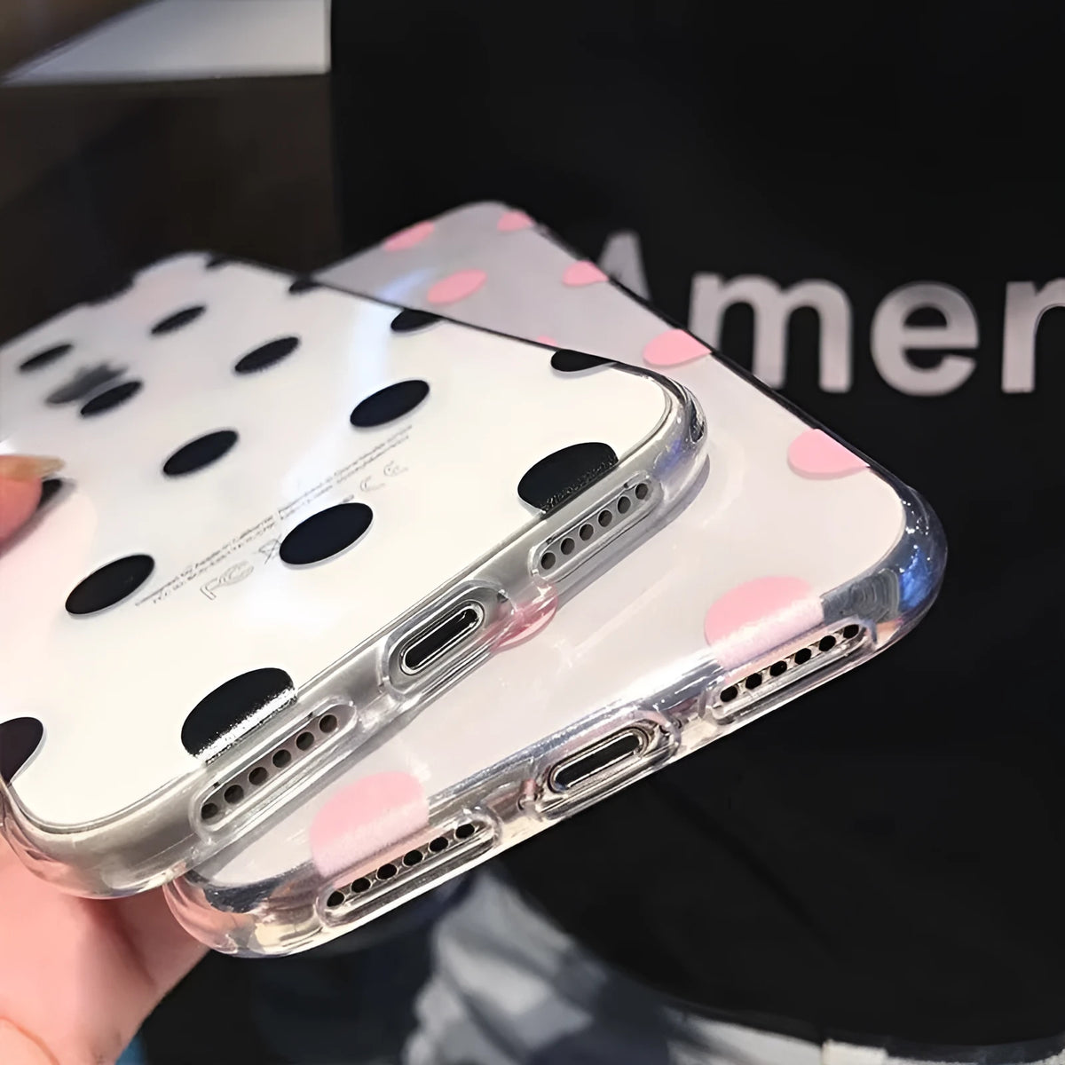 Dot mobile phone case in black or pink with wave point pattern, TPU back cover for iPhone models.