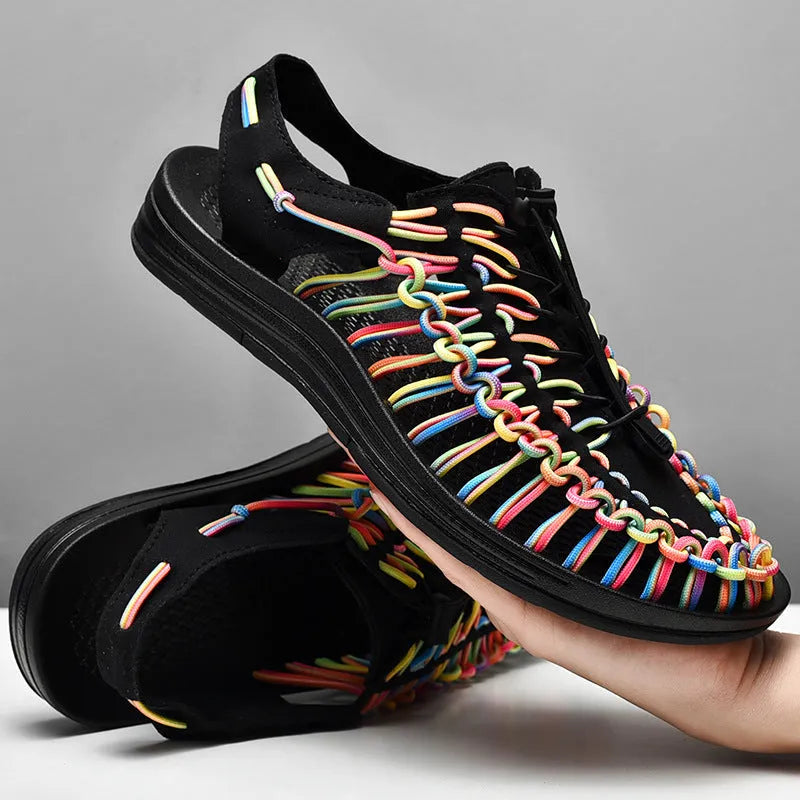 Adjustable drawstring tie woven sandals in multiple colours on a non-slip rubber sole.