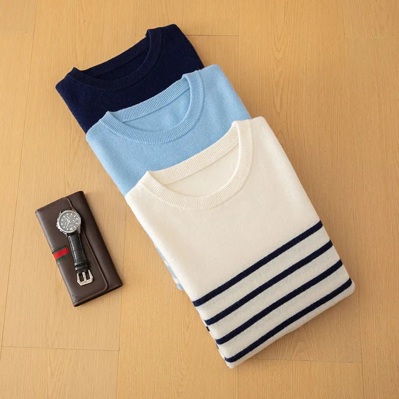 Men's round neck long sleeve wool sweater in white, light blue or dark blue, sizes S to XXXL
