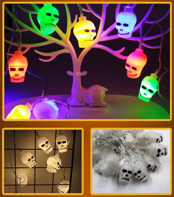 Halloween LED string lights with bat, ghost, pumpkin, and spider pendants on a 1.2 metre white wire.