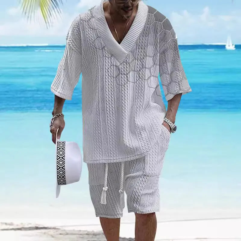 Men's printed drop-shoulder knitted short-sleeved top with matching shorts in chemical fibre blend fabric