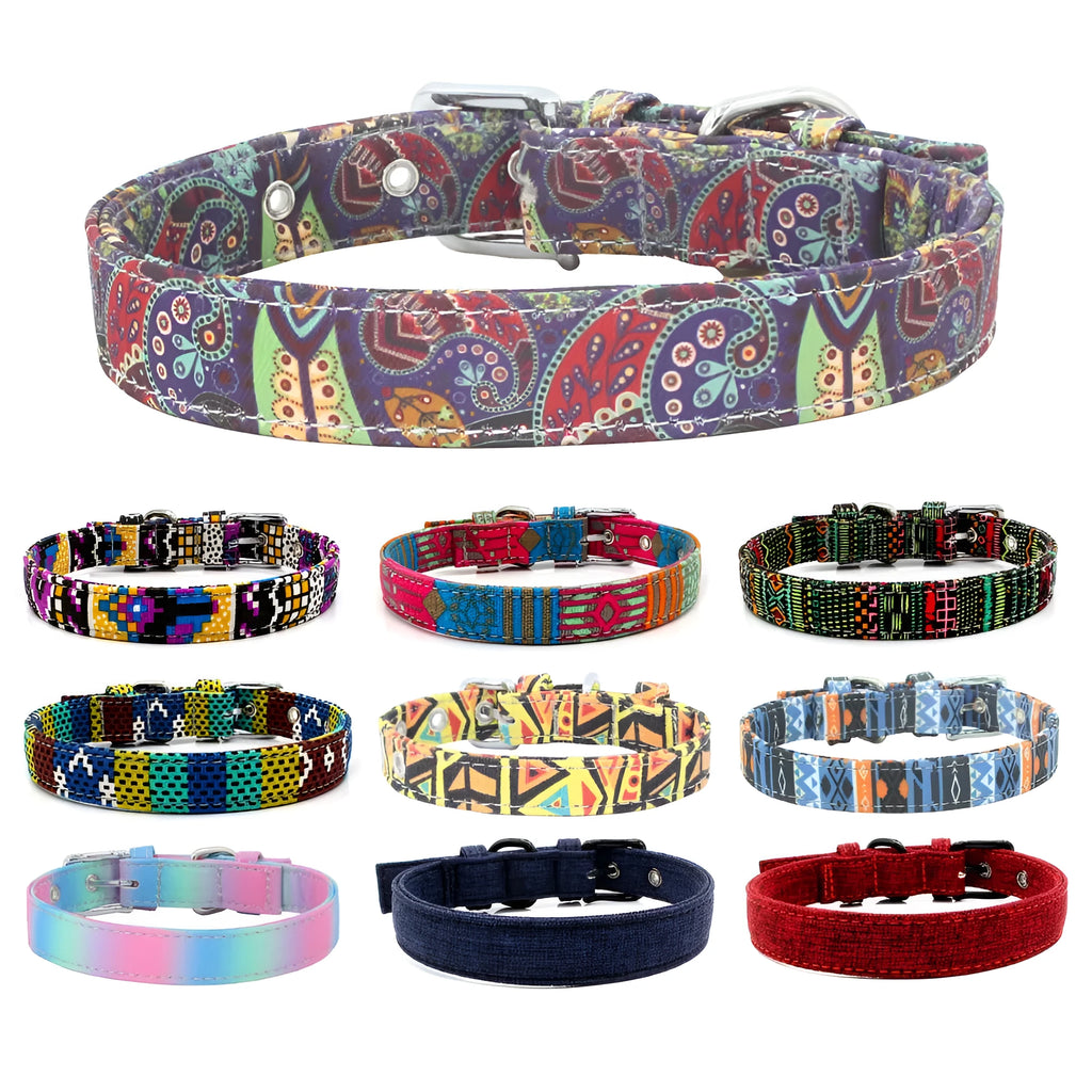 Canvas dog collar with reflective weave and traction leash in colourful fabric, four sizes XS to L
