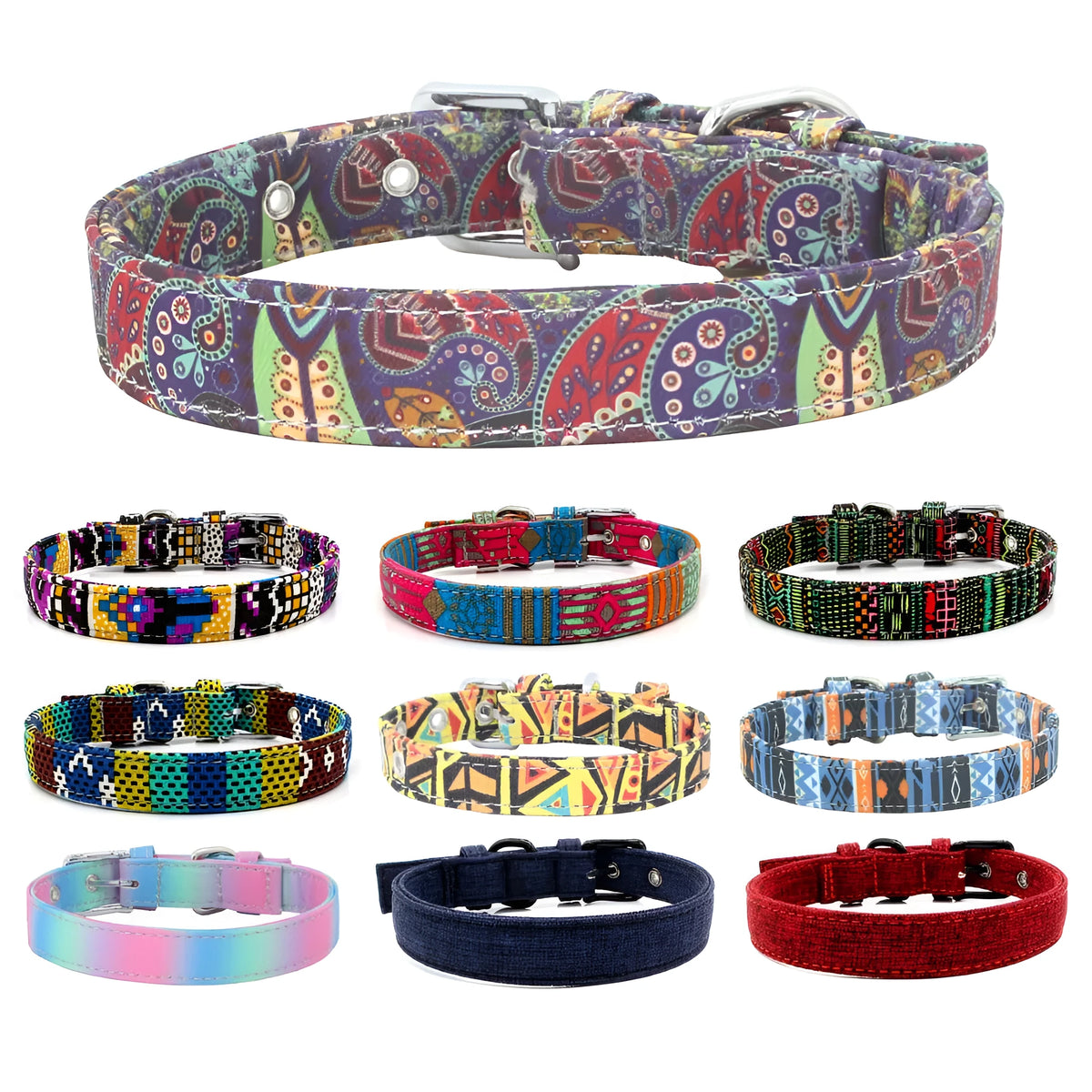 Canvas dog collar with reflective weave and traction leash in colourful fabric, four sizes XS to L