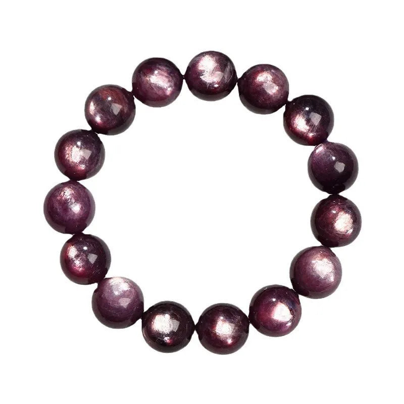 Natural purple lepidolite crystal round bead bracelet on a white background.