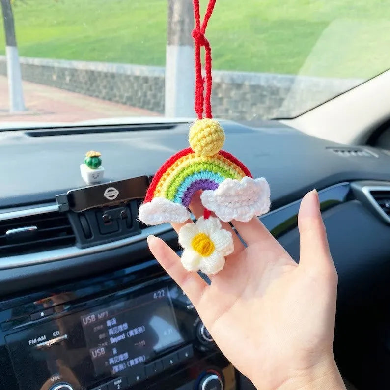 Handmade crocheted avocado rainbow flower car pendant ornament for vehicle interior decoration