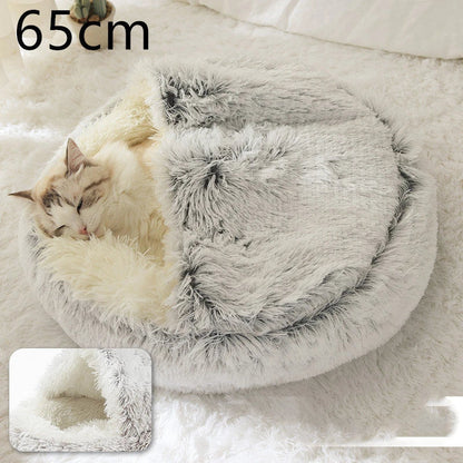 A soft, plush pet bed in various colors, including olive green, brown, pink, and grey, designed for the comfort and relaxation of cats and dogs.