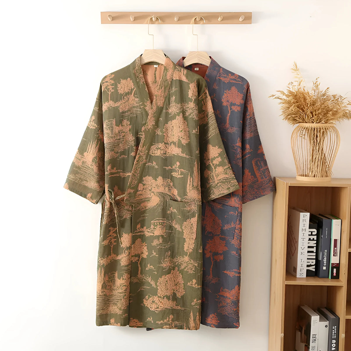 Men's dark blue cotton gauze kimono long dress bathrobe lying flat showing full length