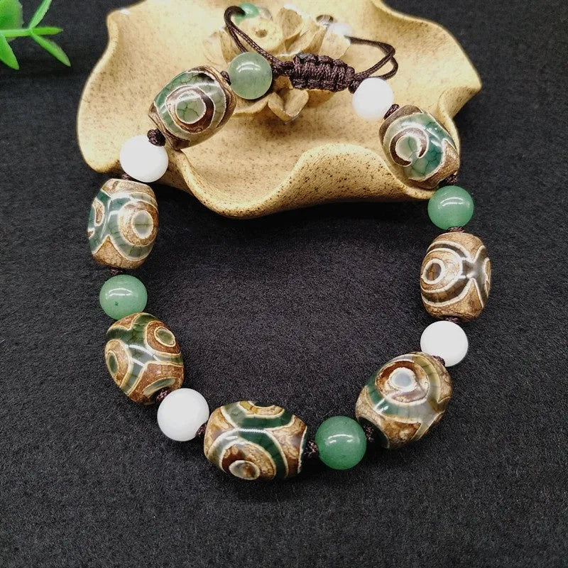 Green agate Tibetan beads bracelet with three-eye design and adjustable cord