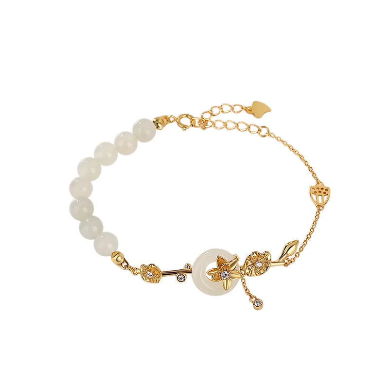 Women's antique silver bracelet with peace buckle clasp and inlaid Hetian jade lotus charm
