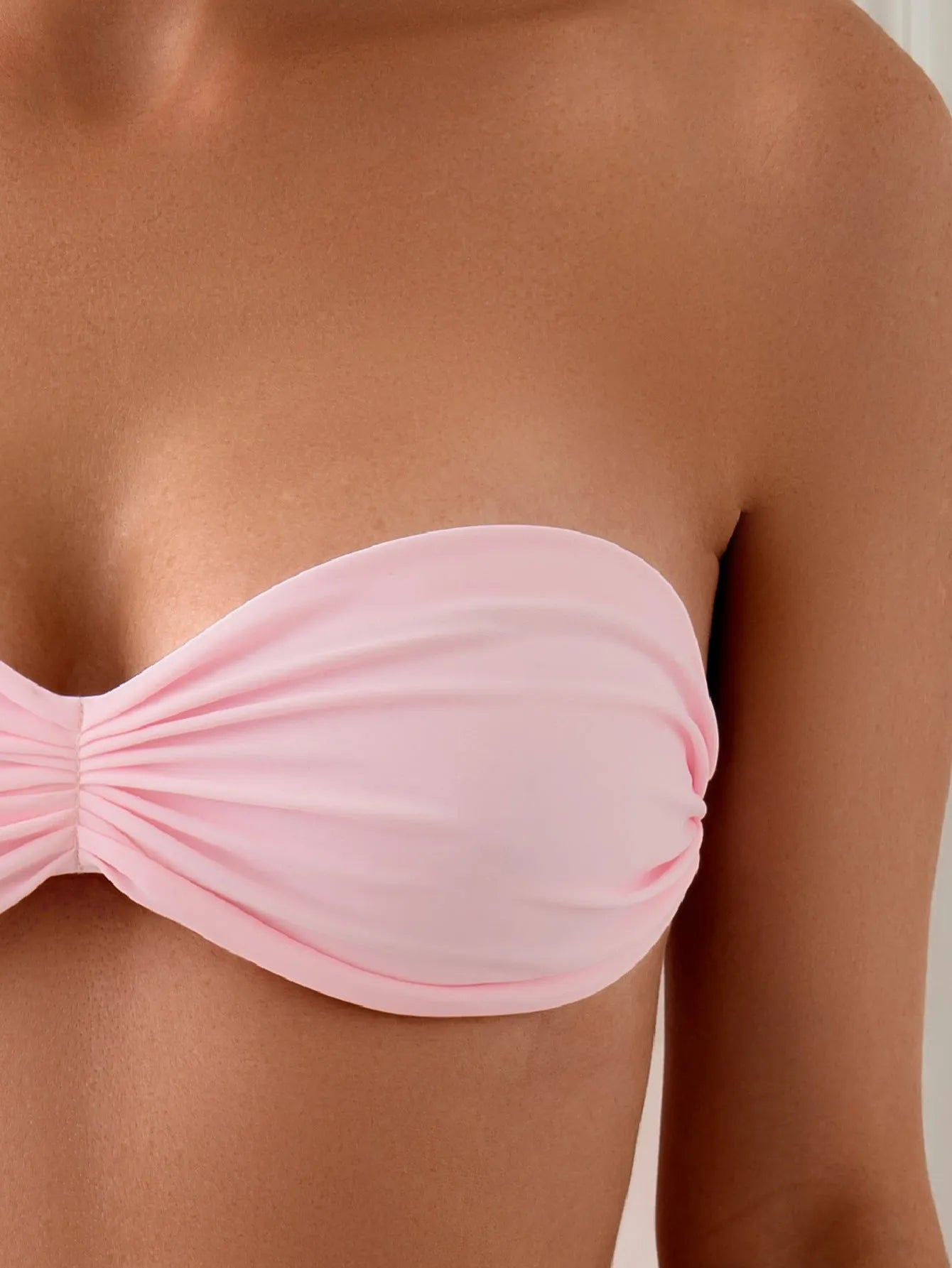 Pink women's split tube top pleated lace-up bikini swimsuit set with nylon fabric