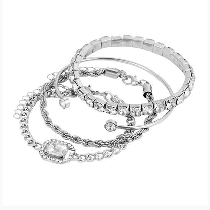 4-piece crystal bracelet set with bohemian-inspired design, featuring adjustable nickel-free alloy construction and sparkling rhinestones