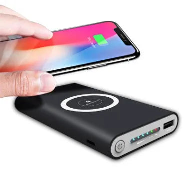 Three in one wireless power bank 10000mAh with USB cable and Qi wireless charging, ABS plastic, Black Gray White
