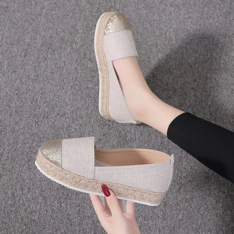 Plus size canvas oversleeve flat shoes in breathable cloth material showing round toe design