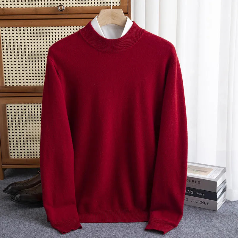 Men's loose fit half turtleneck wool sweater in rough yarn, shown in a range of colours.
