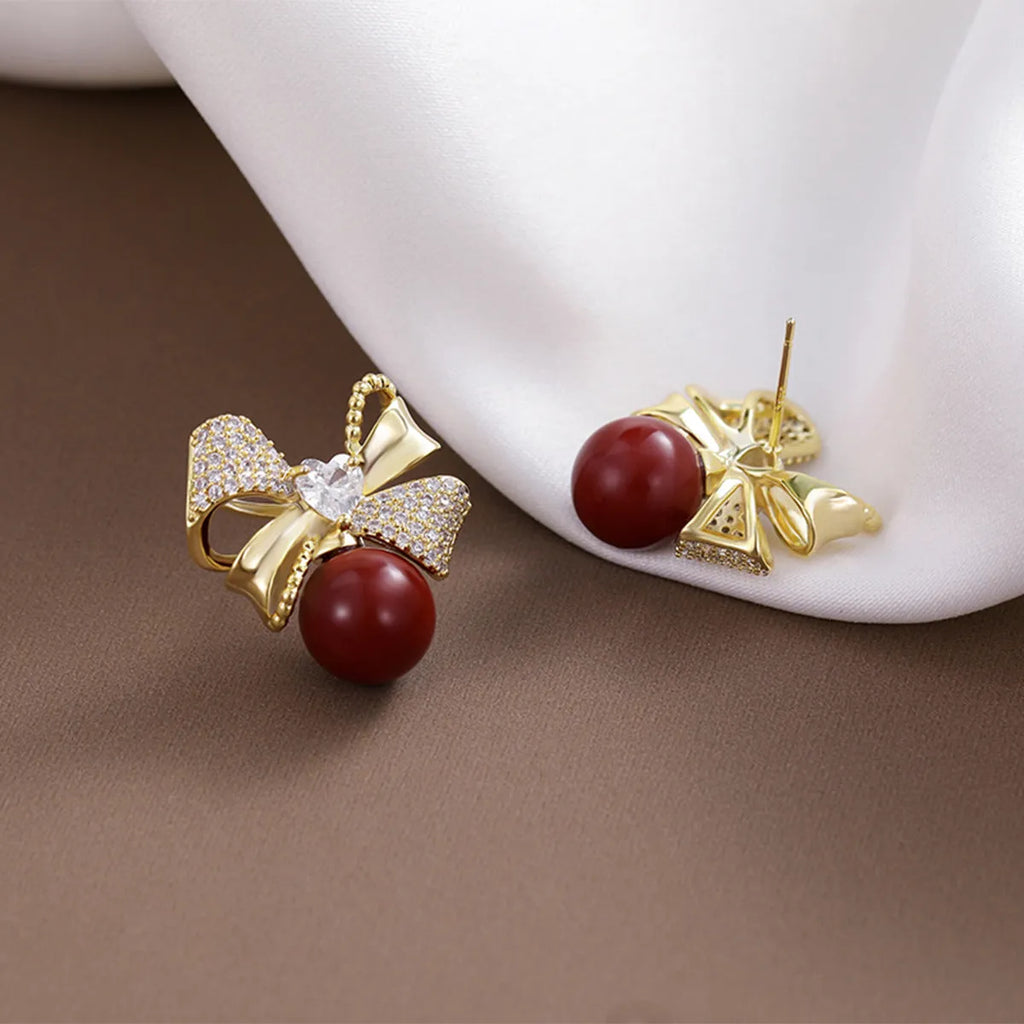 Beizhu Zircon gold plated red colour preserving earrings clip-on style