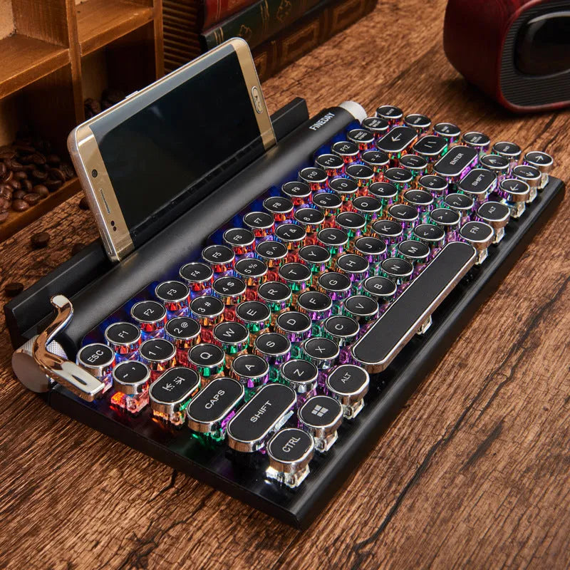 Black retro typewriter mechanical keyboard with RGB backlight and Bluetooth connectivity