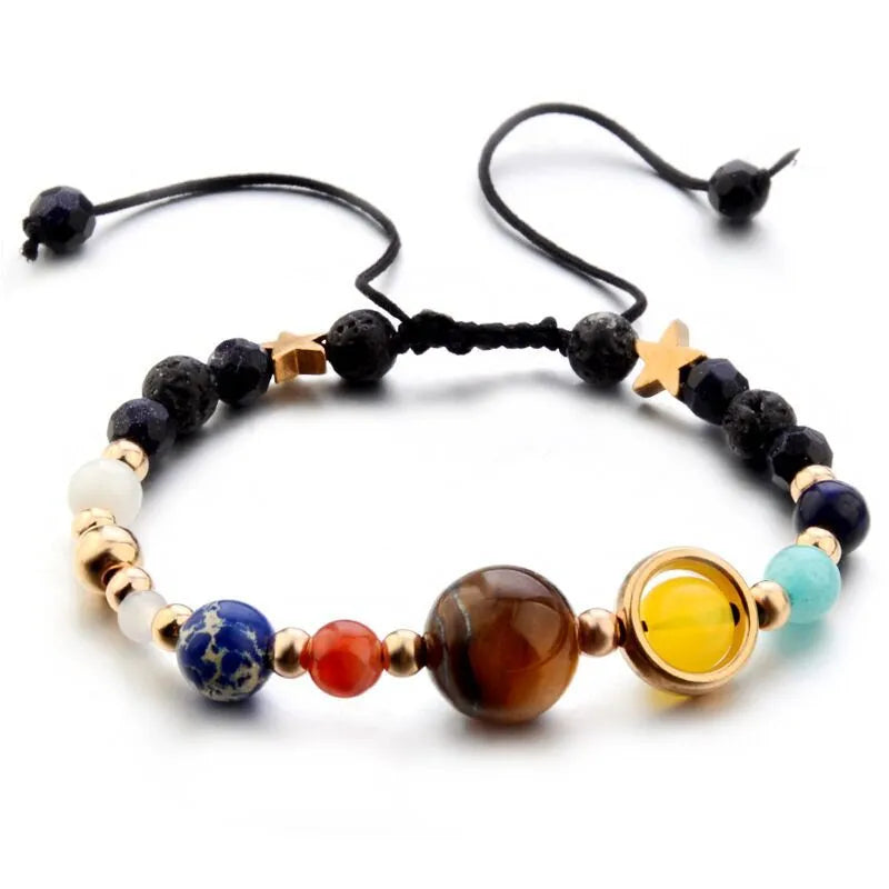 Eight planets natural stone bead bracelet with lapis lazuli, aquamarine, labradorite, tiger eye and red agate on wax rope or elastic string.