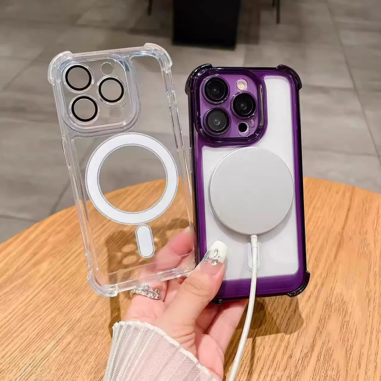Transparent silicone airbag phone case for iPhone with raised camera lens protector.