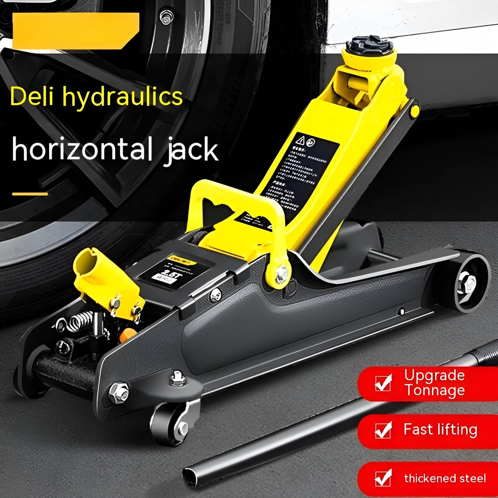 Horizontal hydraulic low car jack with handle for tyre changes on low-clearance vehicles