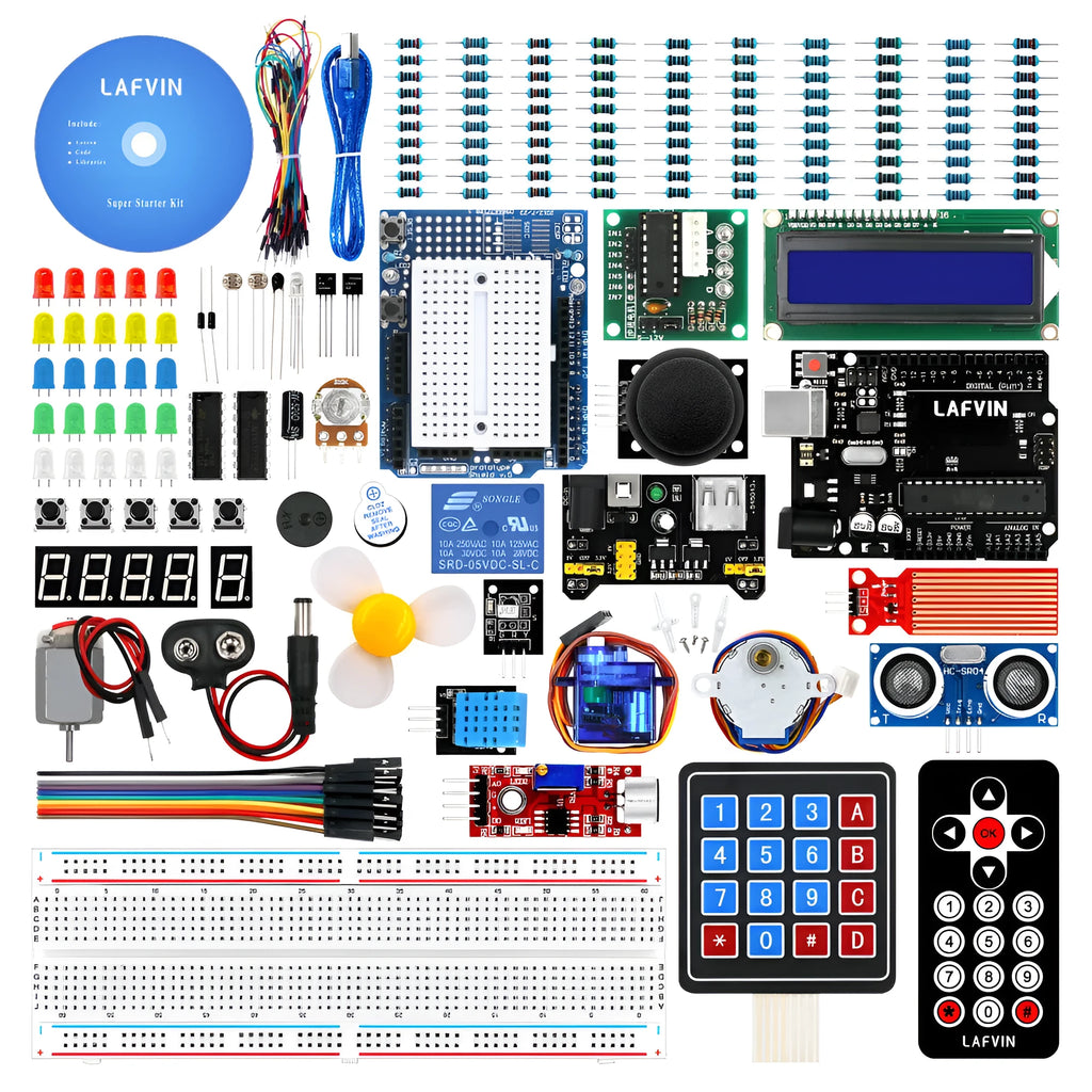 LAFVIN Arduino UNO R3 Super Starter Kit with blue board, components, and tutorial CD