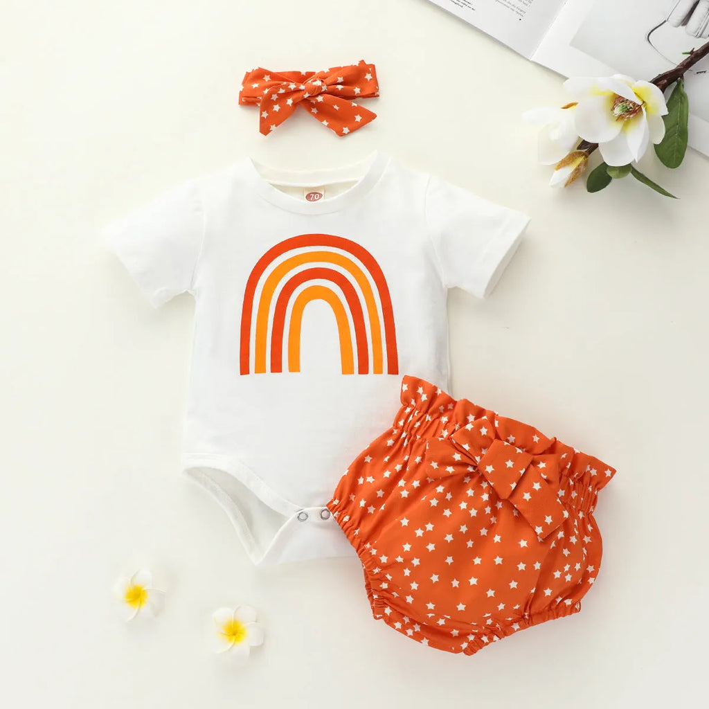 Girls' rainbow cotton romper set three-piece outfit including top, shorts, and cap in beige