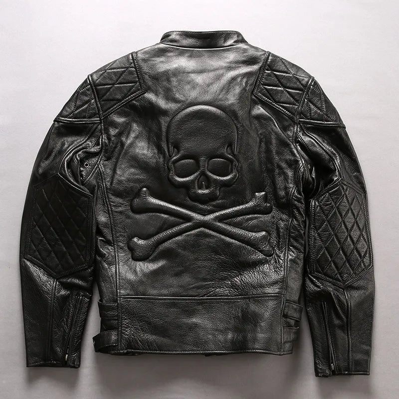 Men's distressed stand collar cropped slim leather jacket in black cowhide