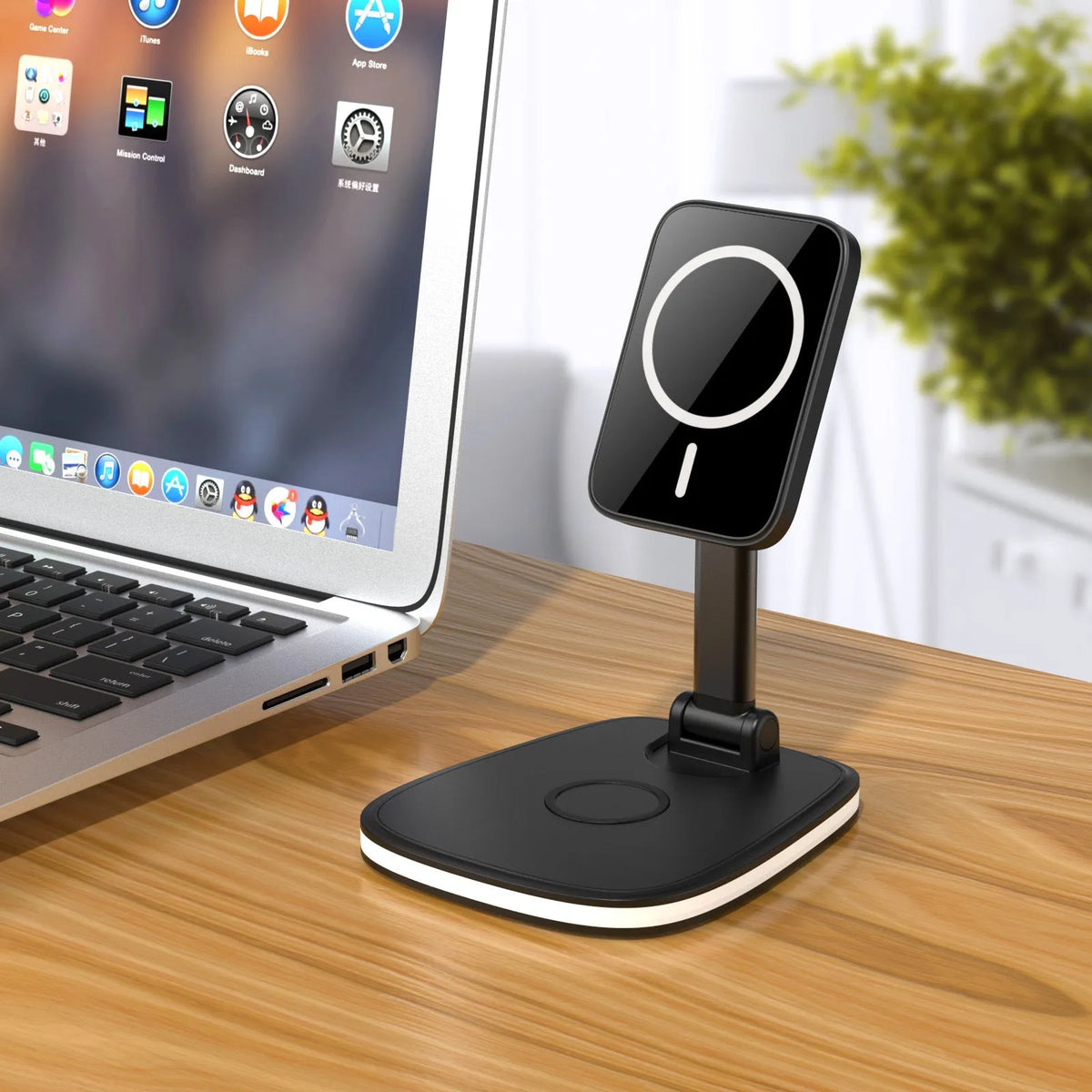 Three-in-one wireless charger foldable magnetic stand in black or white ABS