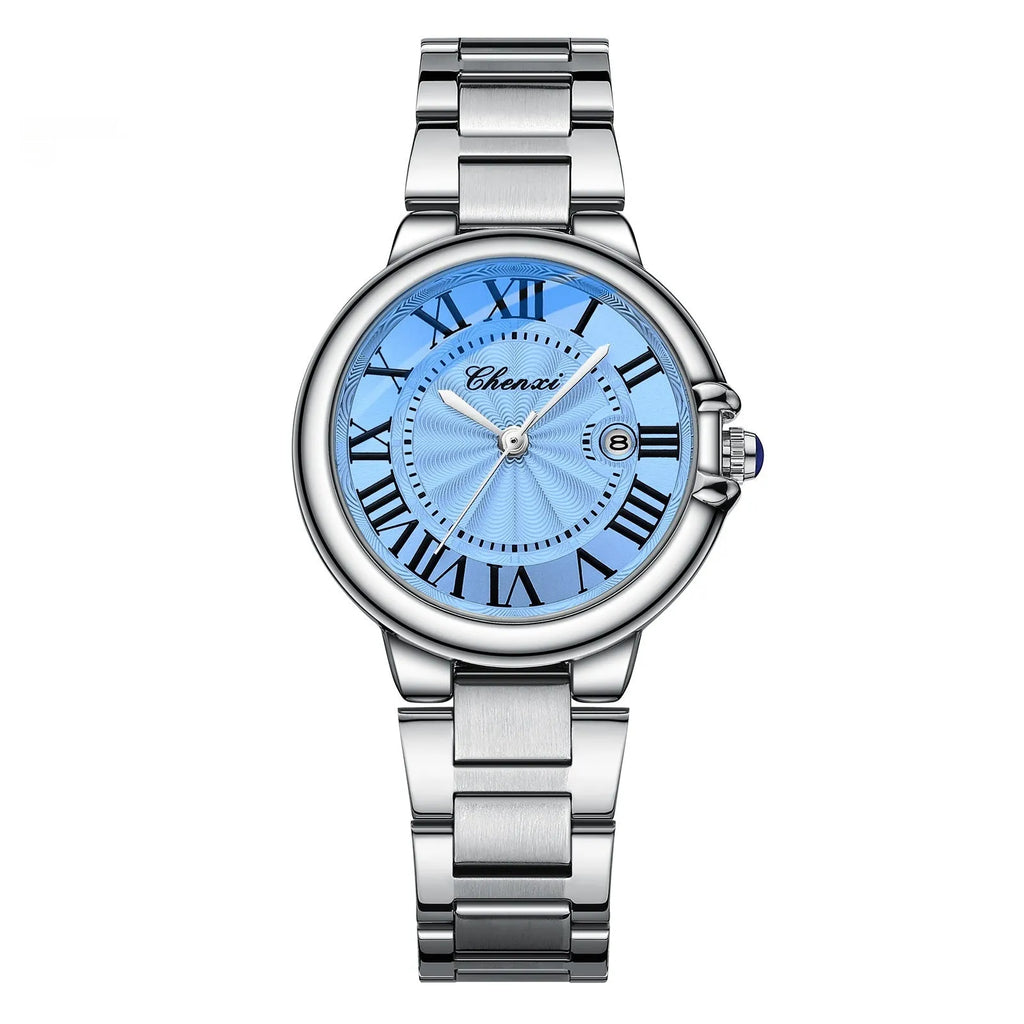 Roman couple watches steel belt calendar luminous waterproof silver shell