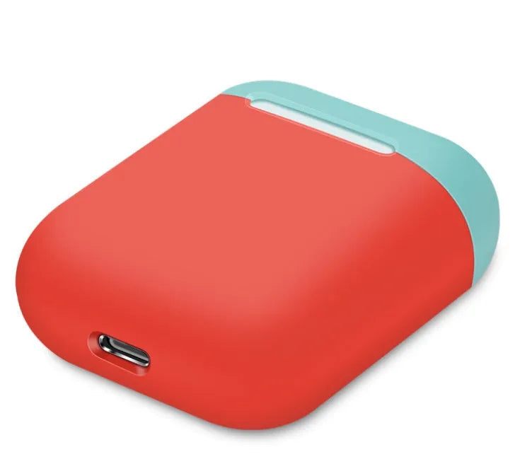 Silicone protective cover for Apple AirPods charging case shown in multiple solid colours including black, blue, and pink.