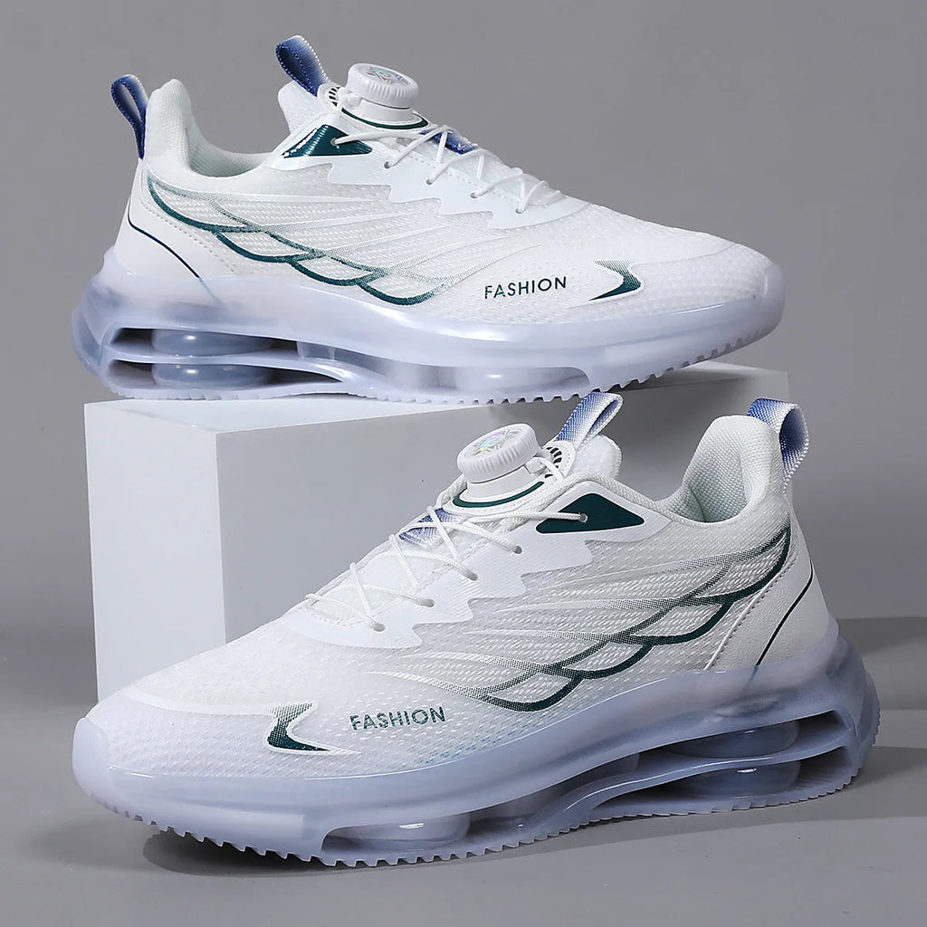 Men's white Korean style mesh casual sneakers with rotating button lace-up and rubber sole.