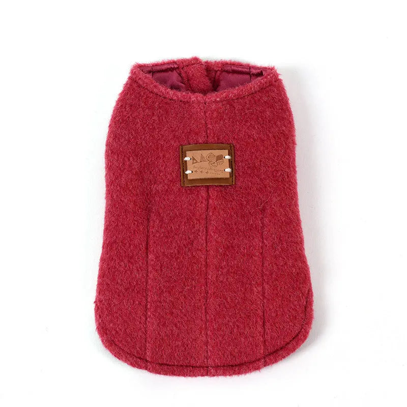 A small dog wearing a blue cotton Korean cashmere vest, a type of casual autumn and winter pet clothing.